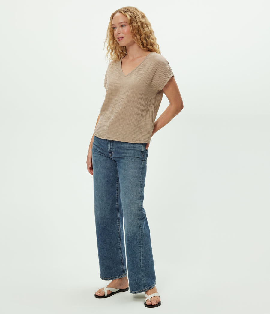 Draya Gauze V-Neck Top in  MACADAMIA Beige Side View #MACADAMIA