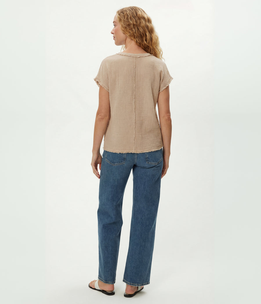 Draya Gauze V-Neck Top in  MACADAMIA Beige Back View #MACADAMIA
