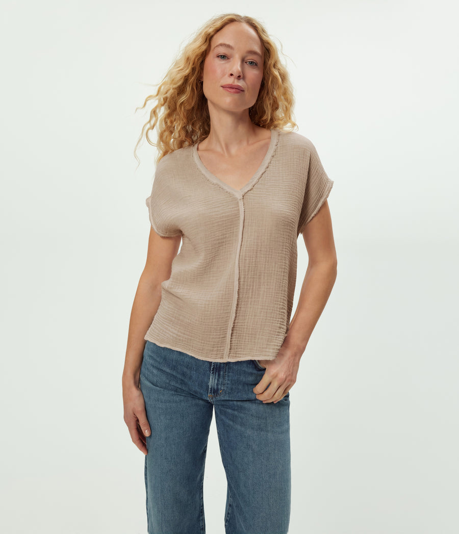 Draya Gauze V-Neck Top in  MACADAMIA Beige Close up View #MACADAMIA