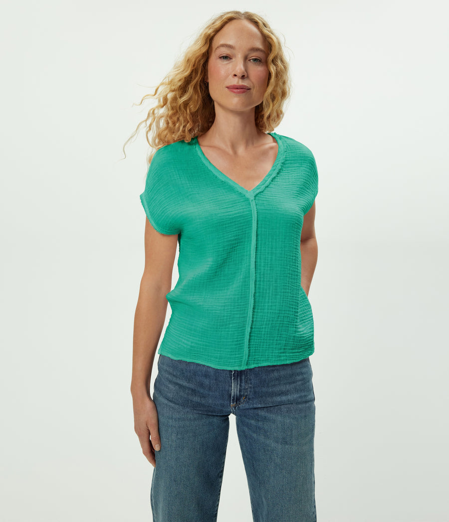 Draya Gauze V-Neck Top in MALDIVES Green Close up View #MALDIVES