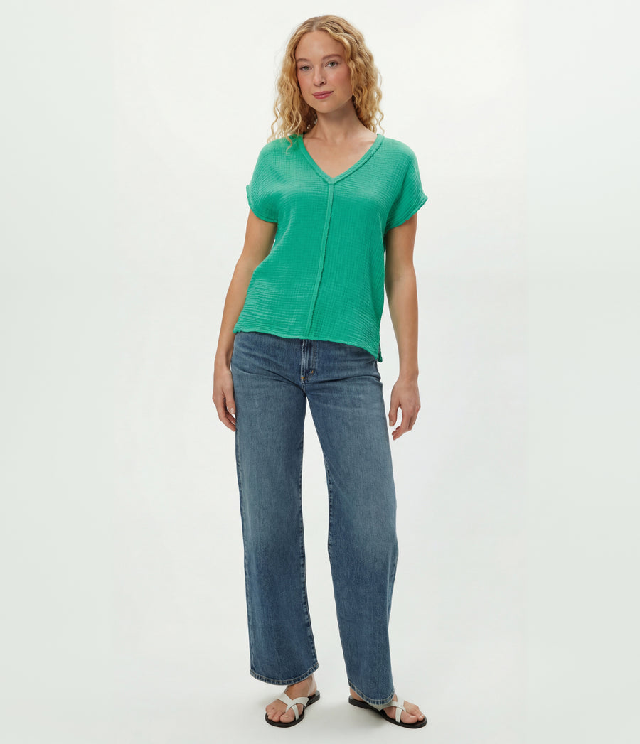 Draya Gauze V-Neck Top in MALDIVES Green Full Body View #MALDIVES