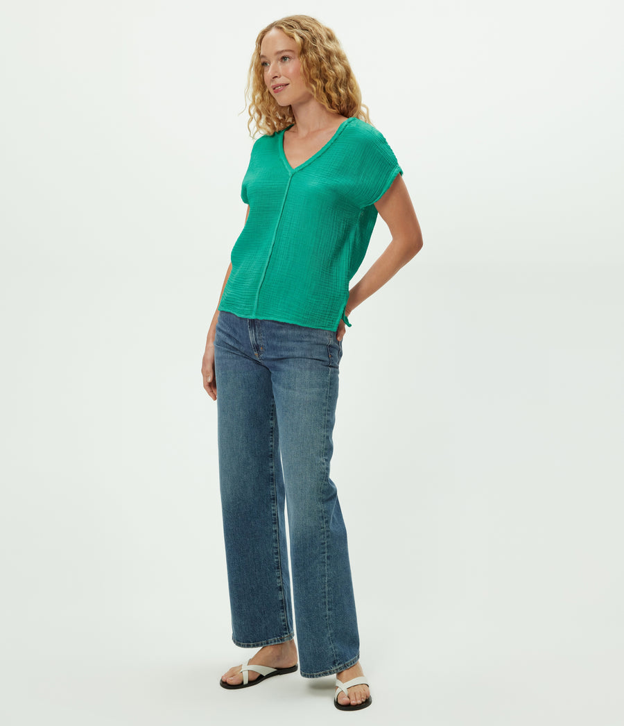 Draya Gauze V-Neck Top in MALDIVES Green Side View #MALDIVES
