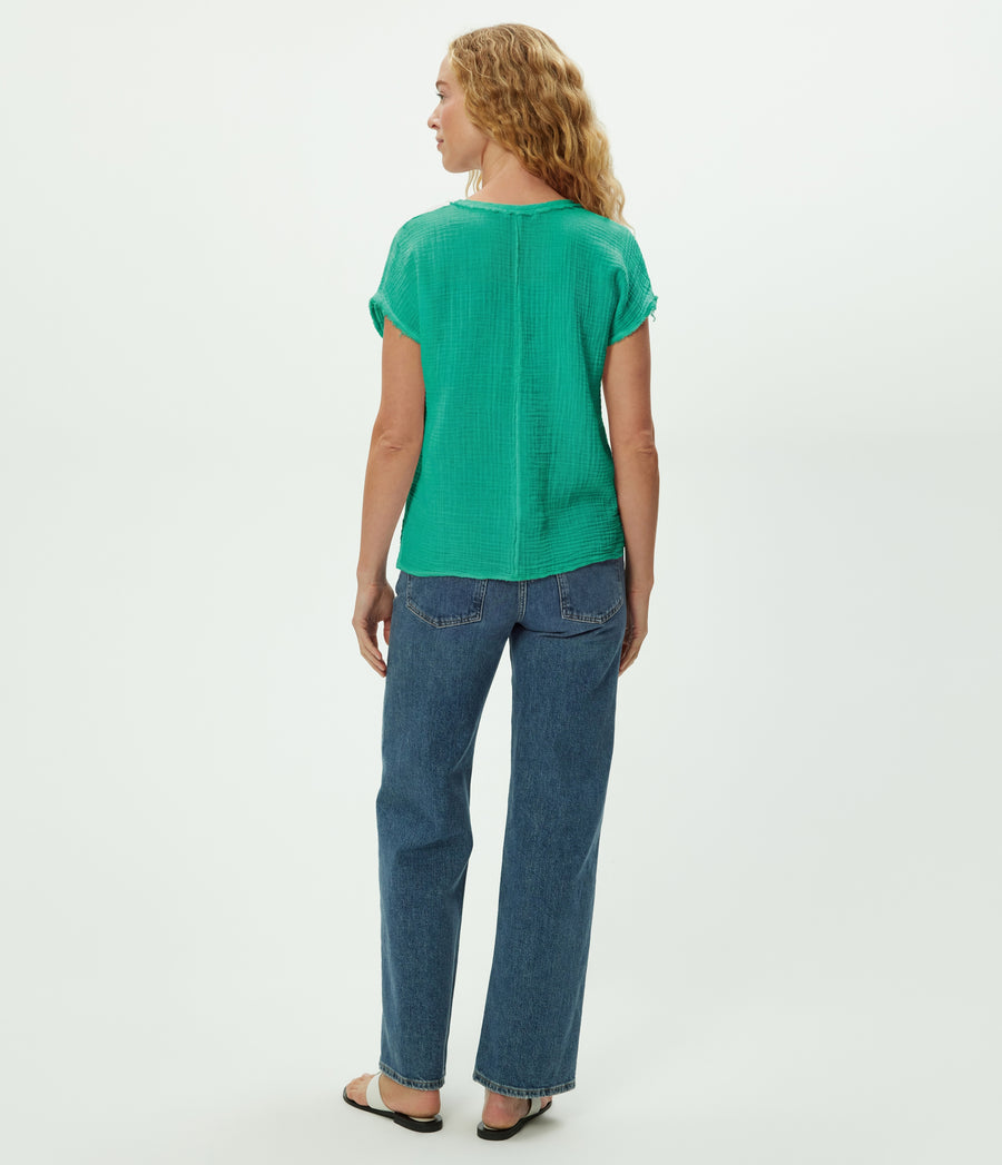 Draya Gauze V-Neck Top in MALDIVES Green Back View #MALDIVES