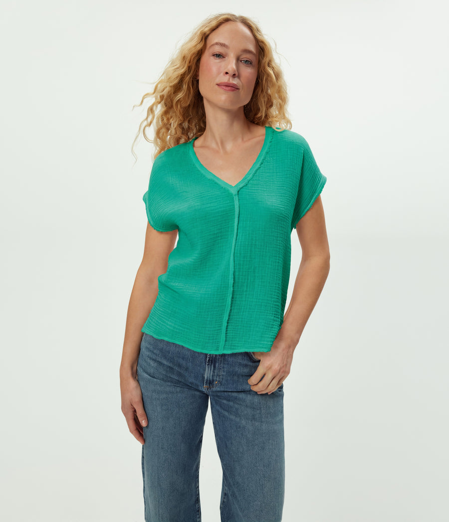Draya Gauze V-Neck Top in MALDIVES Green Close up View #MALDIVES