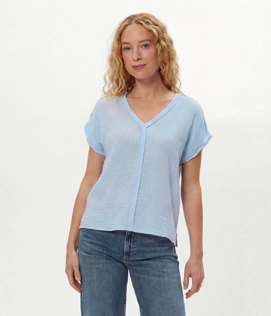 Draya Gauze V-Neck Top in SPLASH Blue Close up View #SPLASH
