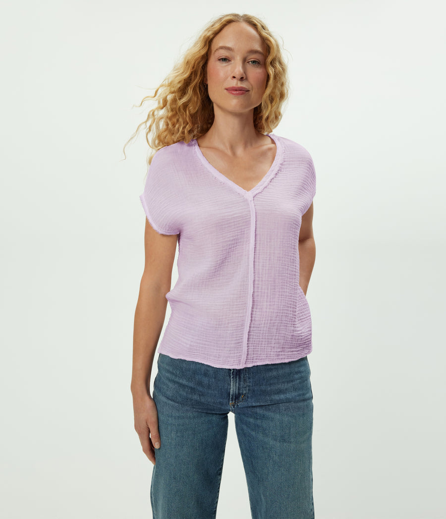 Draya Gauze V-Neck Top in WHIMSY PURPLE Close up View #WHIMSY