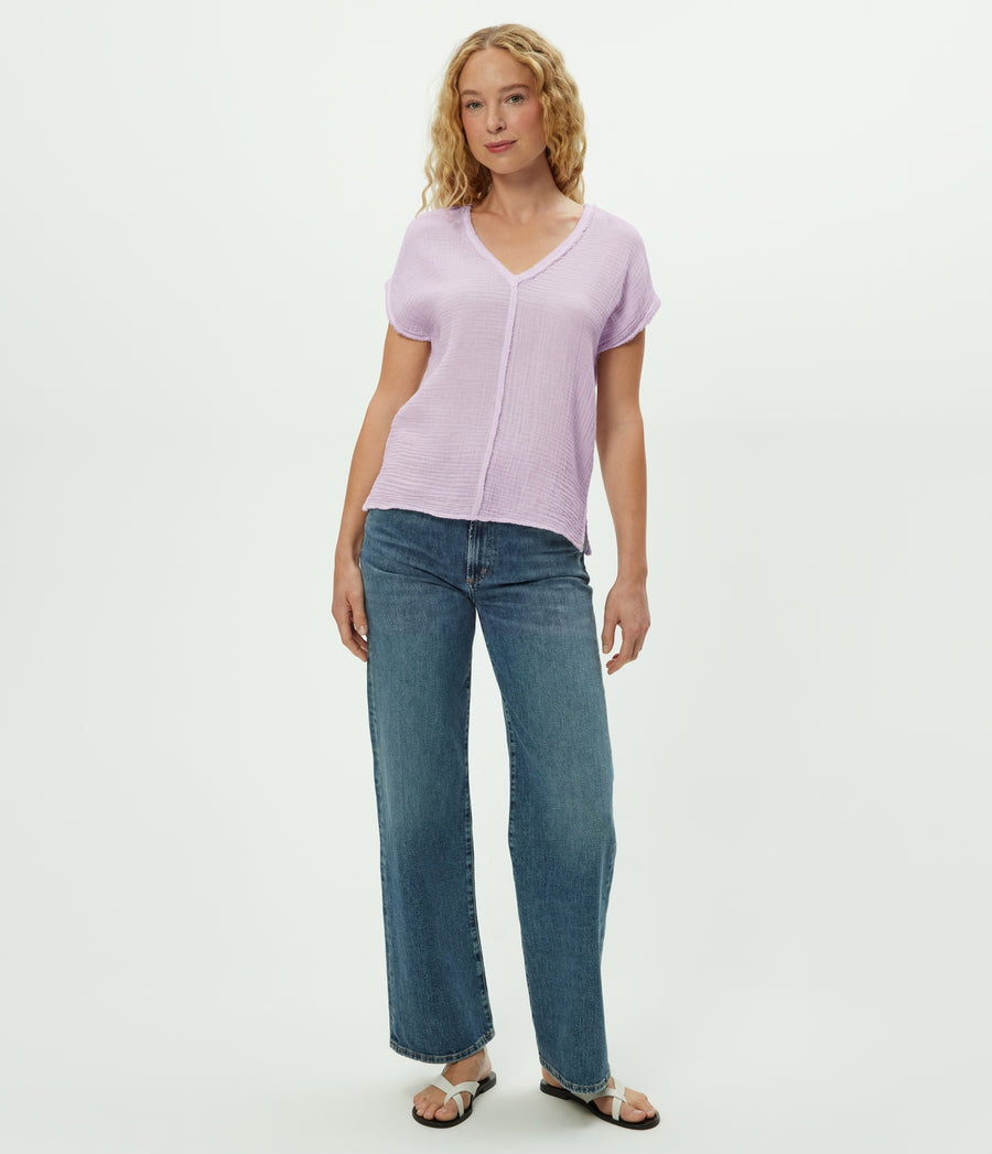 Draya Gauze V-Neck Top in WHIMSY PURPLE Full Body View #WHIMSY