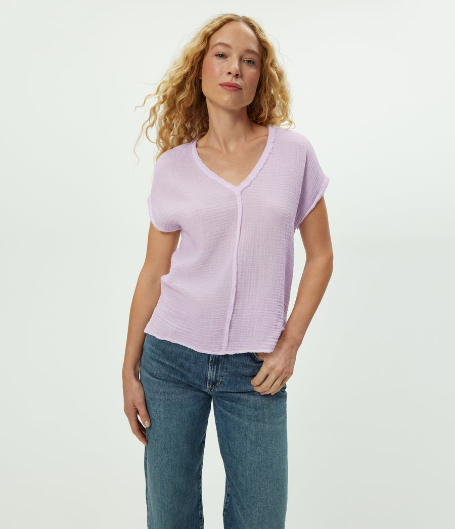 Draya Gauze V-Neck Top in WHIMSY PURPLE Close up View #WHIMSY