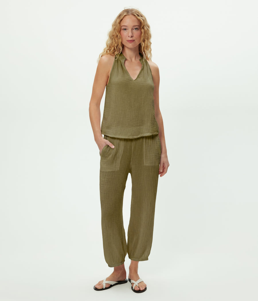 Elsa Gauze Jogger in CAPER Green Close up View #CAPER