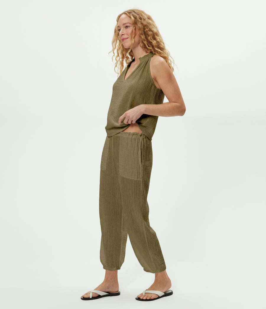 Elsa Gauze Jogger in CAPER  Green Side View #CAPER