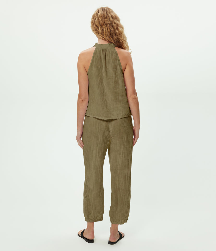 Elsa Gauze Jogger in CAPER Green Back View #CAPER