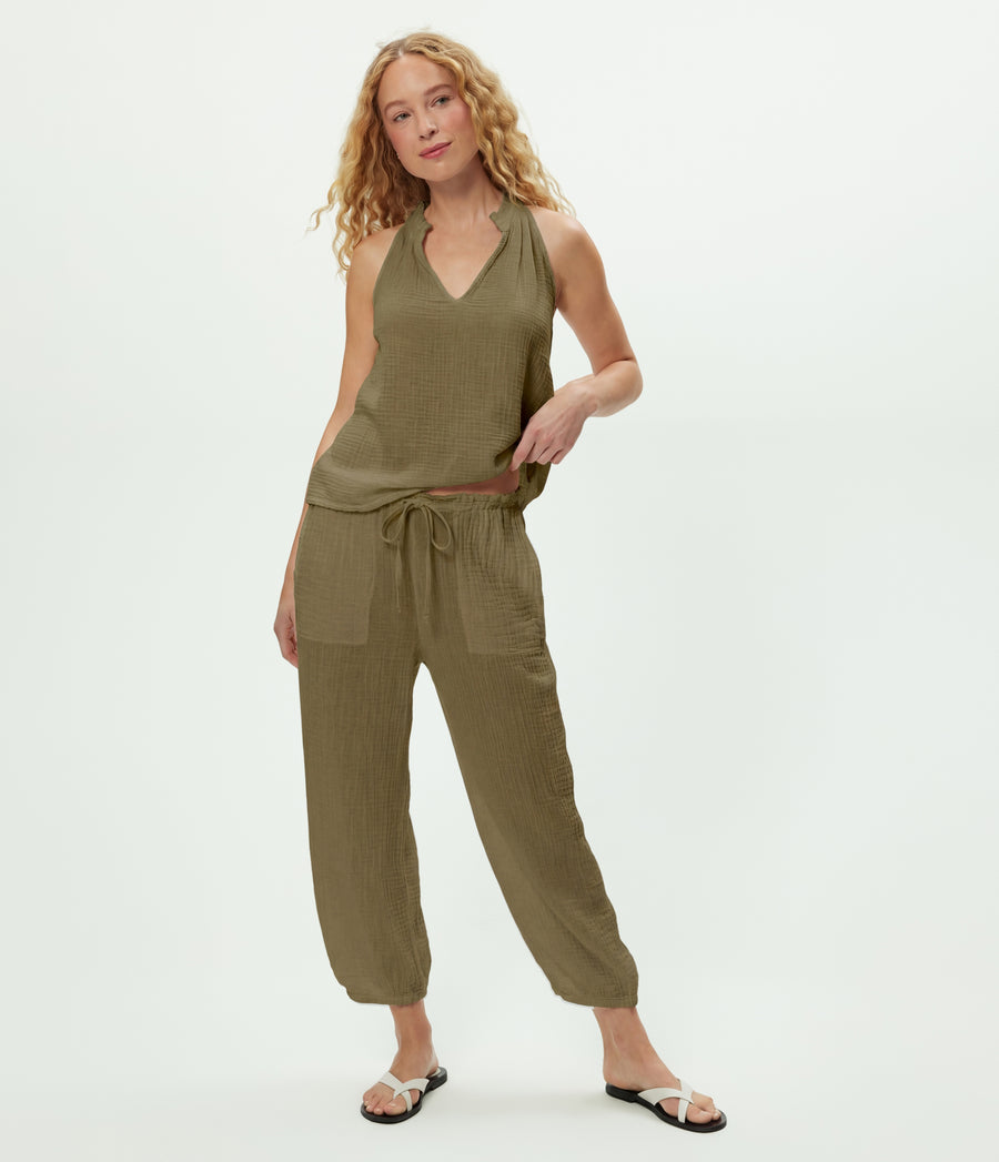 Elsa Gauze Jogger in CAPER Green Full Body View #CAPER