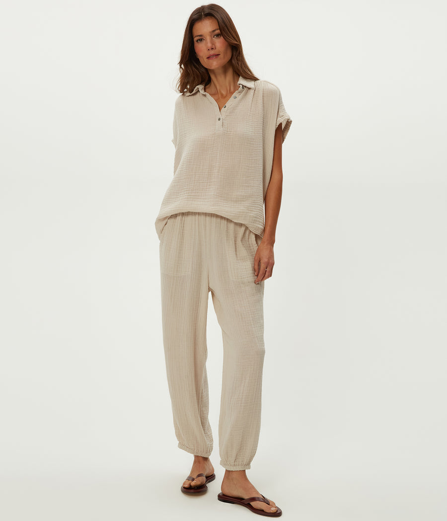 Elsa Gauze Jogger in  Cement  Beige Side View #CEMENT