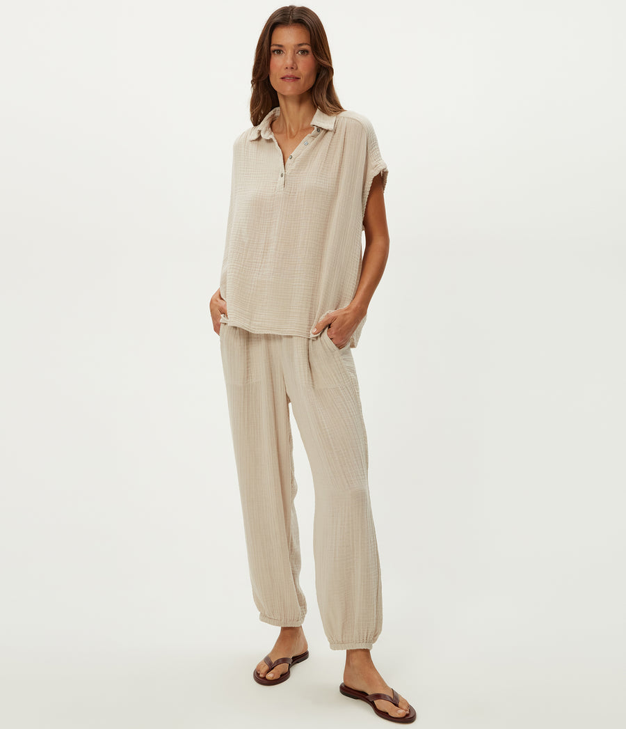 Elsa Gauze Jogger in  Cement  Beige Full Body View #CEMENT
