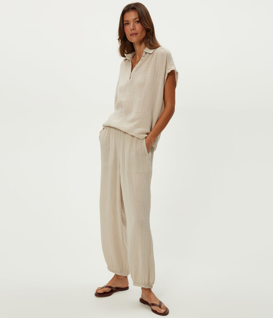 Elsa Gauze Jogger in  Cement  Beige Close up View #CEMENT