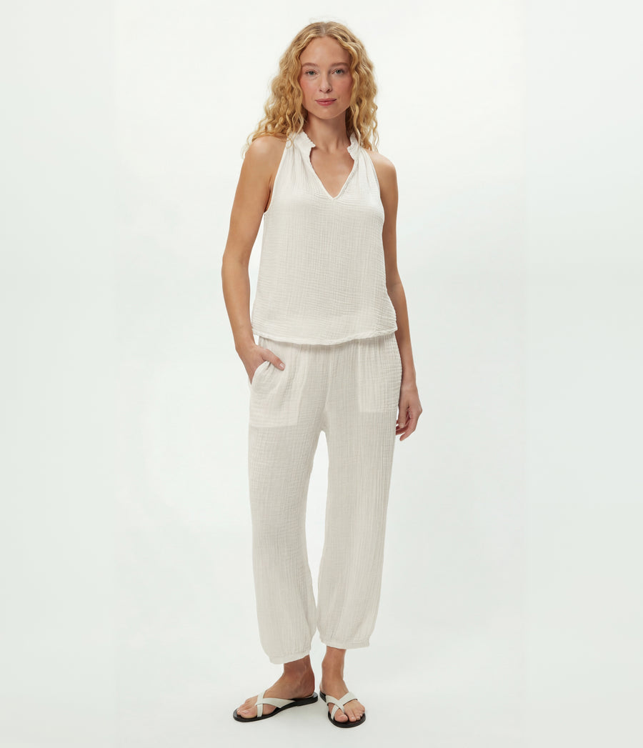Elsa Gauze Jogger in Chalk White Close Up View #CHALK