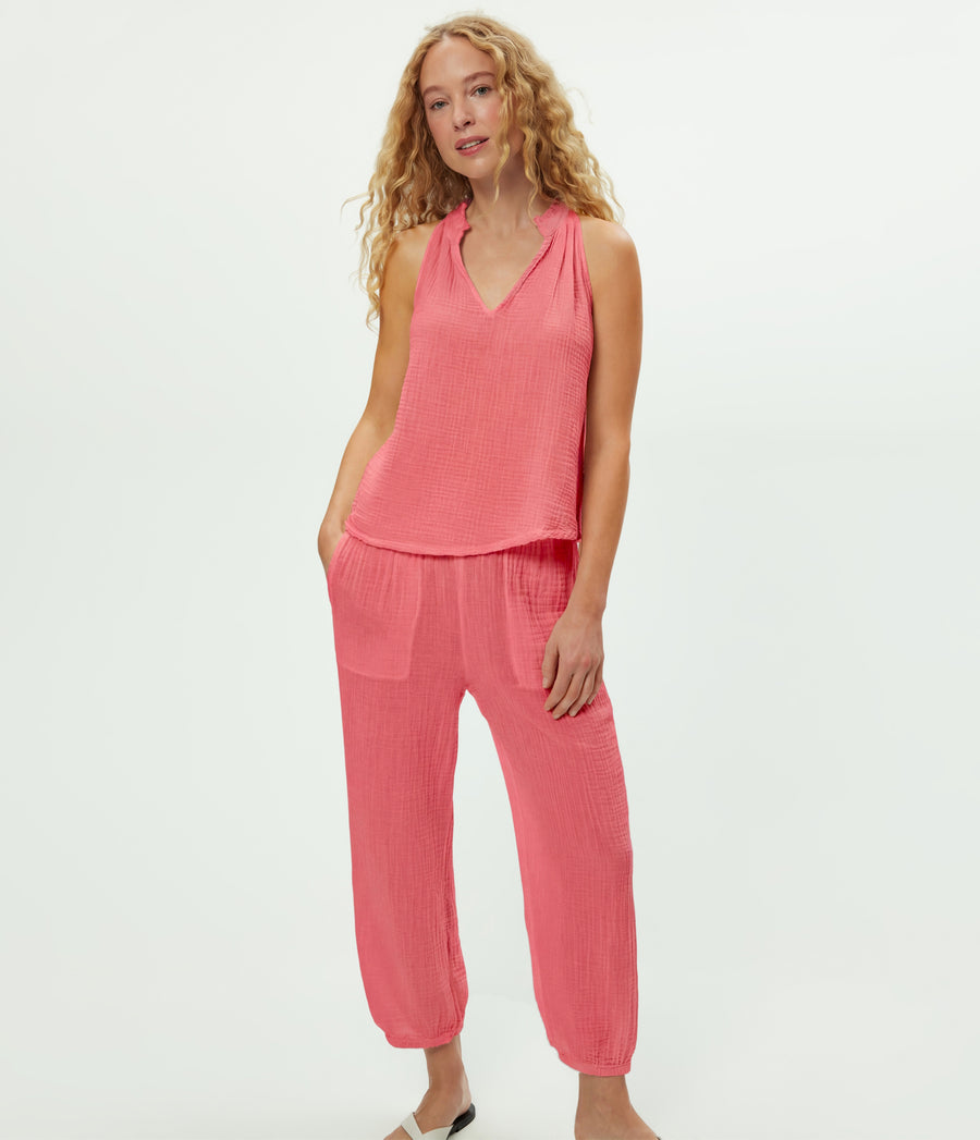 Elsa Gauze Jogger in DRAGONFRUIT Pink Full Body View #DRAGONFRUIT