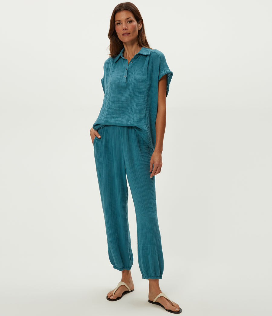 Elsa Gauze Jogger in GLAZE Blue Close Up View #GLAZE