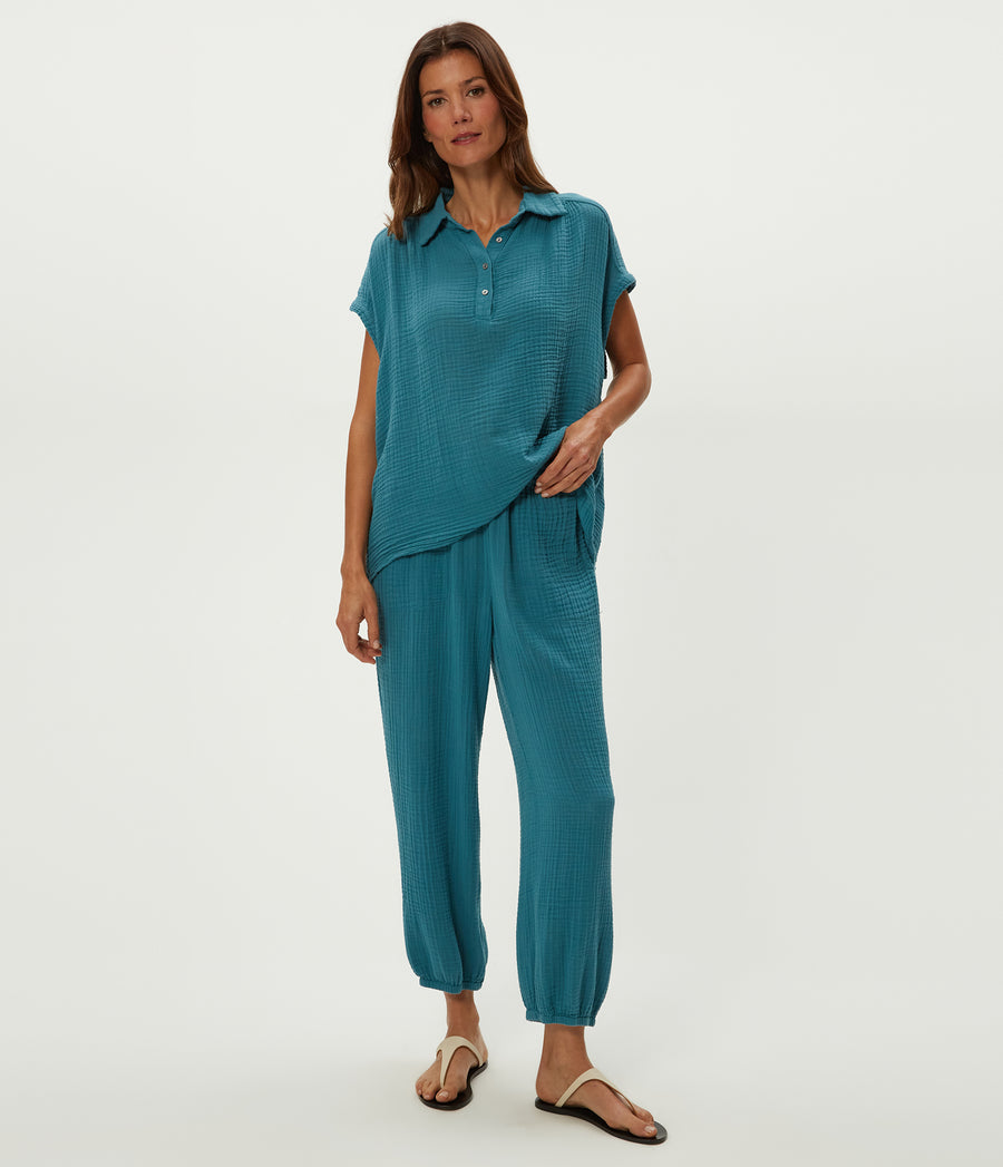Elsa Gauze Jogger in GLAZE Blue Full Body View #GLAZE