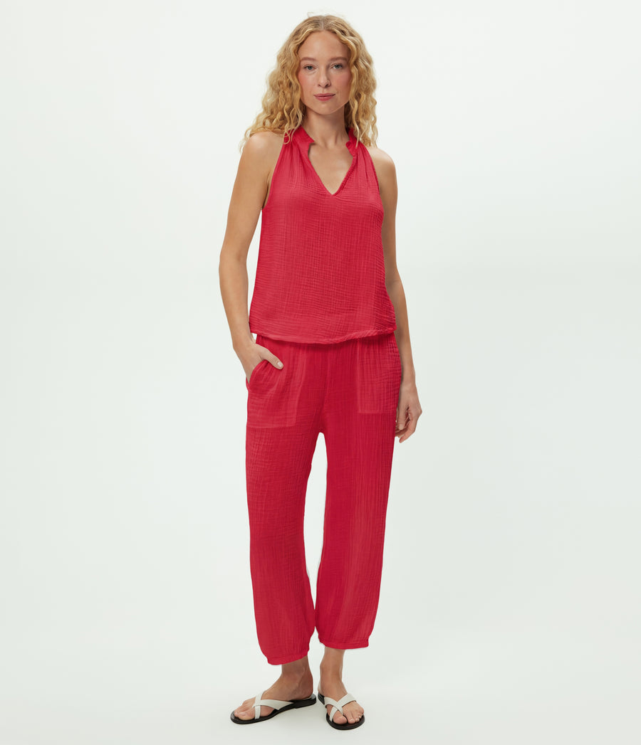 Elsa Gauze Jogger in LACQUER RED Full Body View #LACQUER