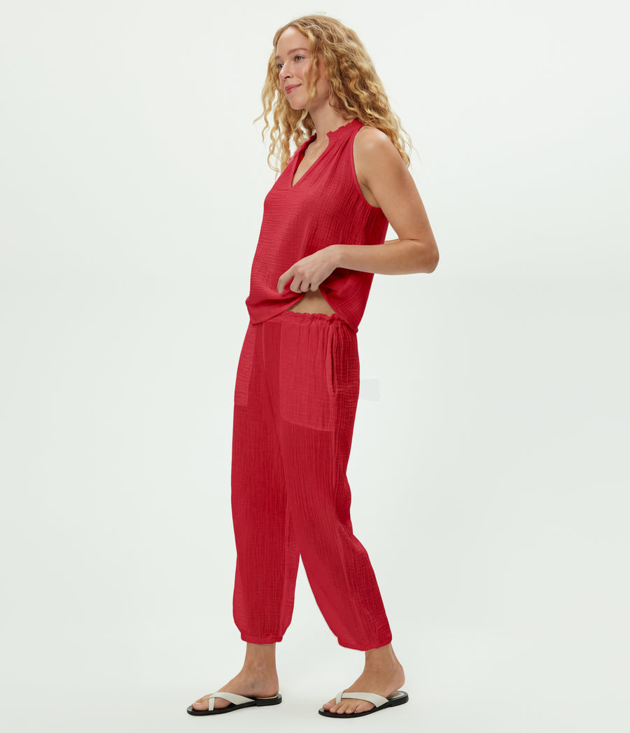 Elsa Gauze Jogger in LACQUER RED Side View #LACQUER