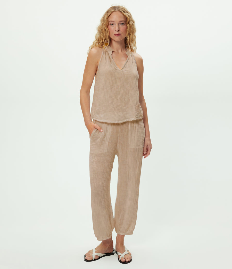 Elsa Gauze Jogger in  MACADAMIA Beige Close up View #MACADAMIA