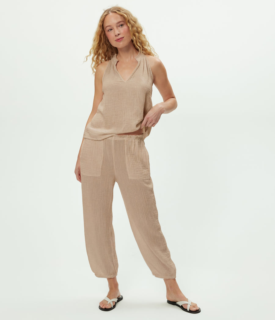 Elsa Gauze Jogger in  MACADAMIA Beige Close up View #MACADAMIA