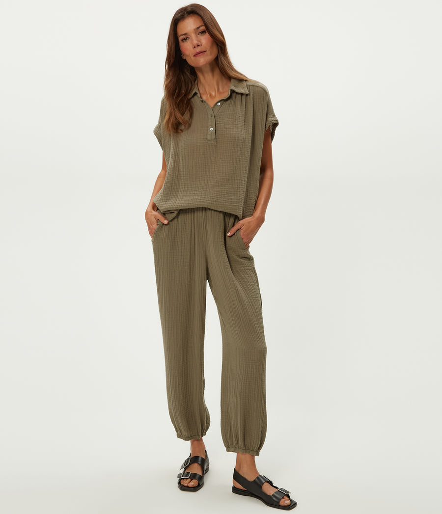 Elsa Gauze Jogger in Olive Green Close up View #OLIVE