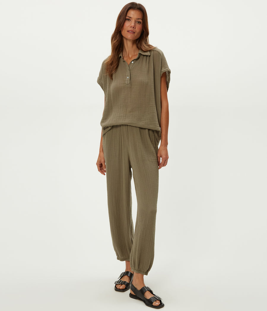Elsa Gauze Jogger in Olive Green Full Body View #OLIVE
