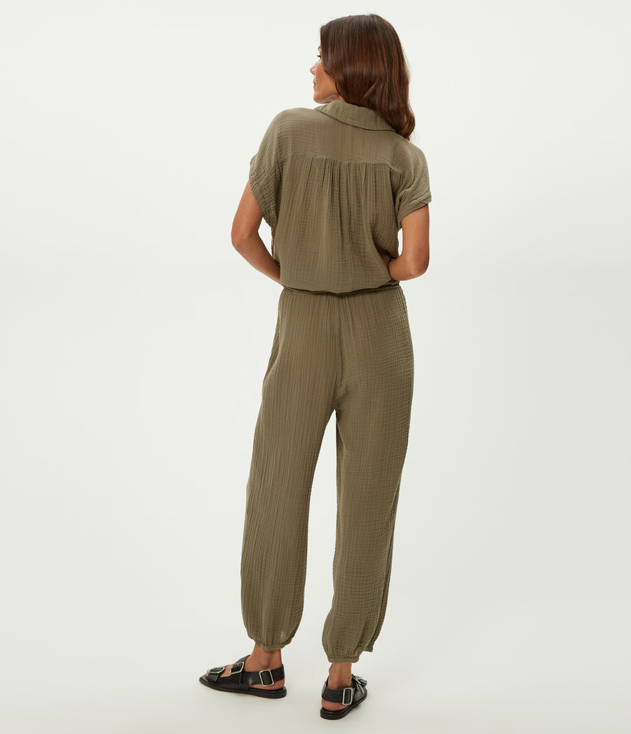 Elsa Gauze Jogger in Olive Green Back View #OLIVE