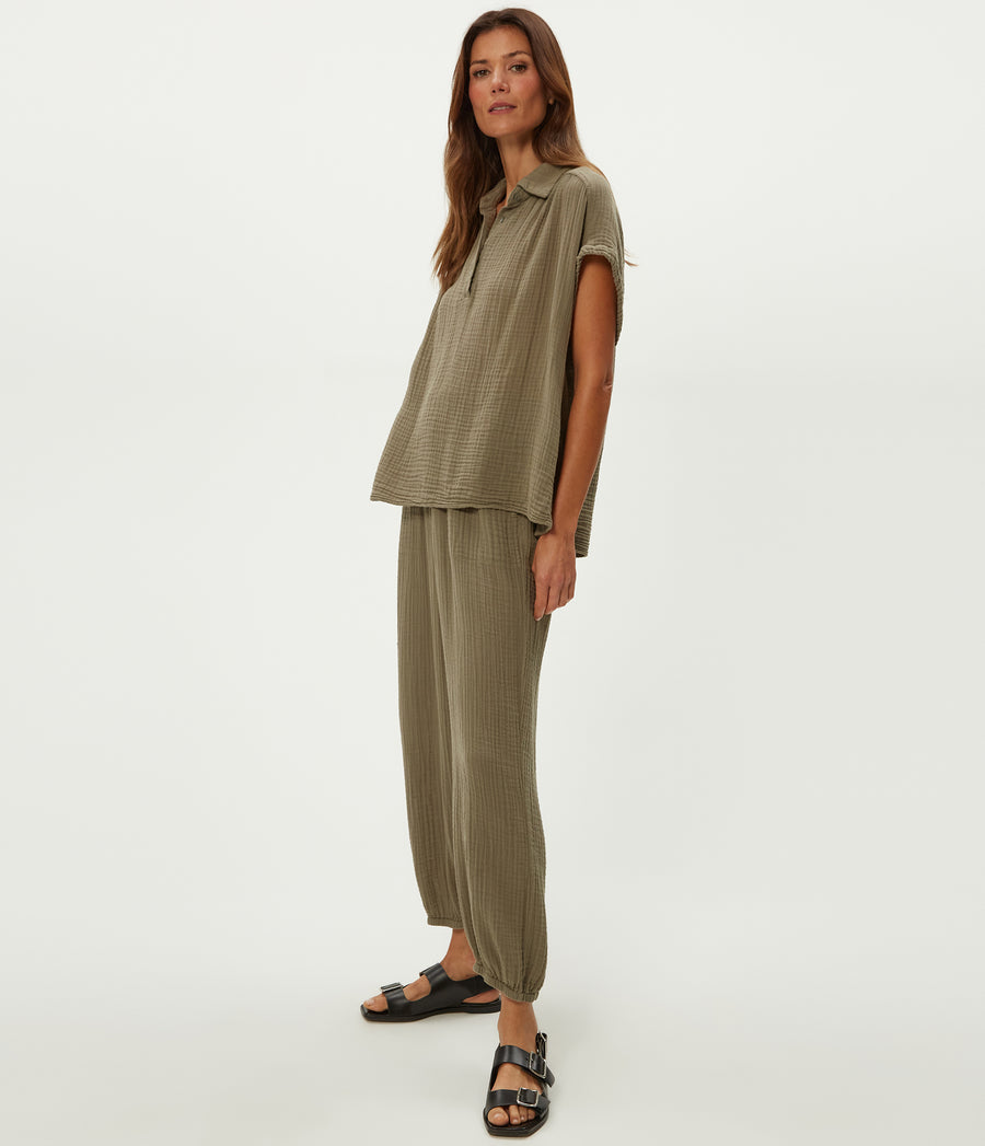 Elsa Gauze Jogger in Olive Green Side View #OLIVE