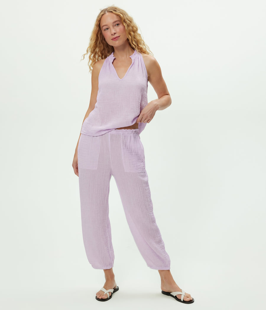 Elsa Gauze Jogger in WHIMSY PURPLE Close up View #WHIMSY