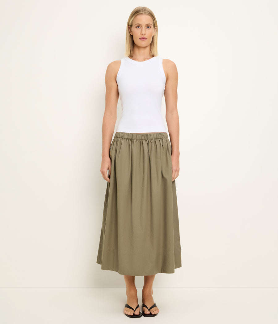 Meadow Midi Skirt in CAPER Green Full Body View #CAPER