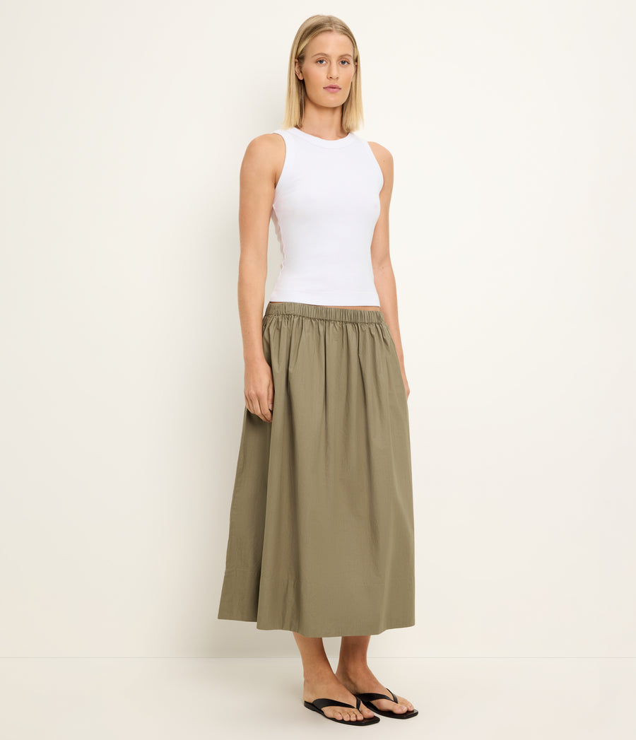 Meadow Midi Skirt in CAPER Green Close up View #CAPER