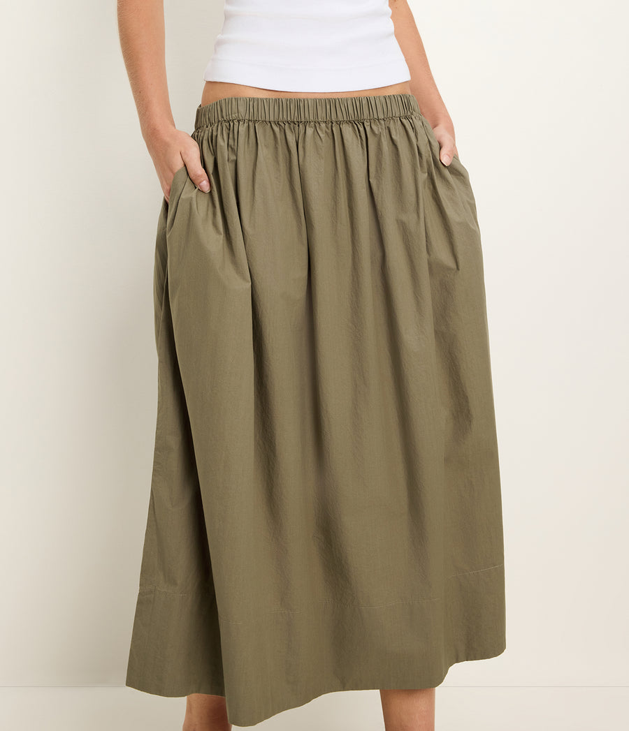 Meadow Midi Skirt in CAPER Green Close up View #CAPER