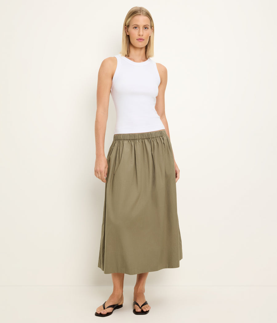 Meadow Midi Skirt in CAPER Green Full Body View #CAPER