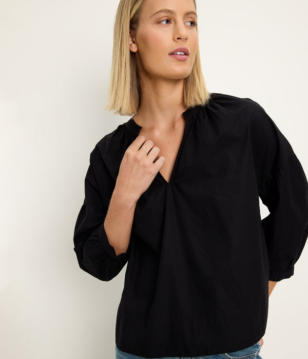 Cate 3/4 Sleeve Top in Black Close up View #BLACK