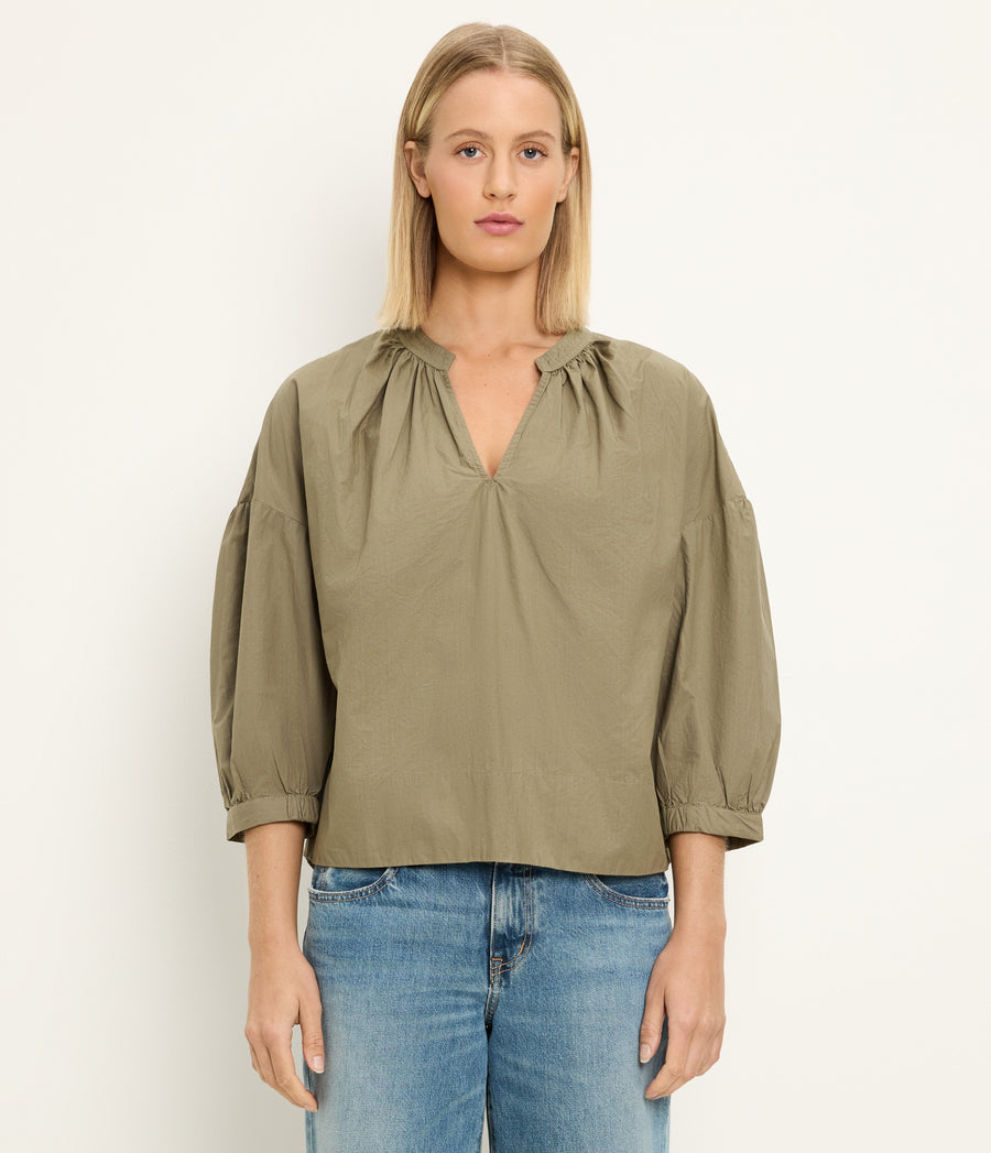 Cate 3/4 Sleeve Top in CAPER Green Full Body View #CAPER