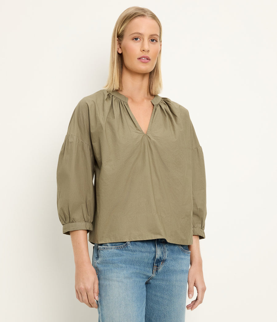 Cate 3/4 Sleeve Top in CAPER  Green Side View #CAPER
