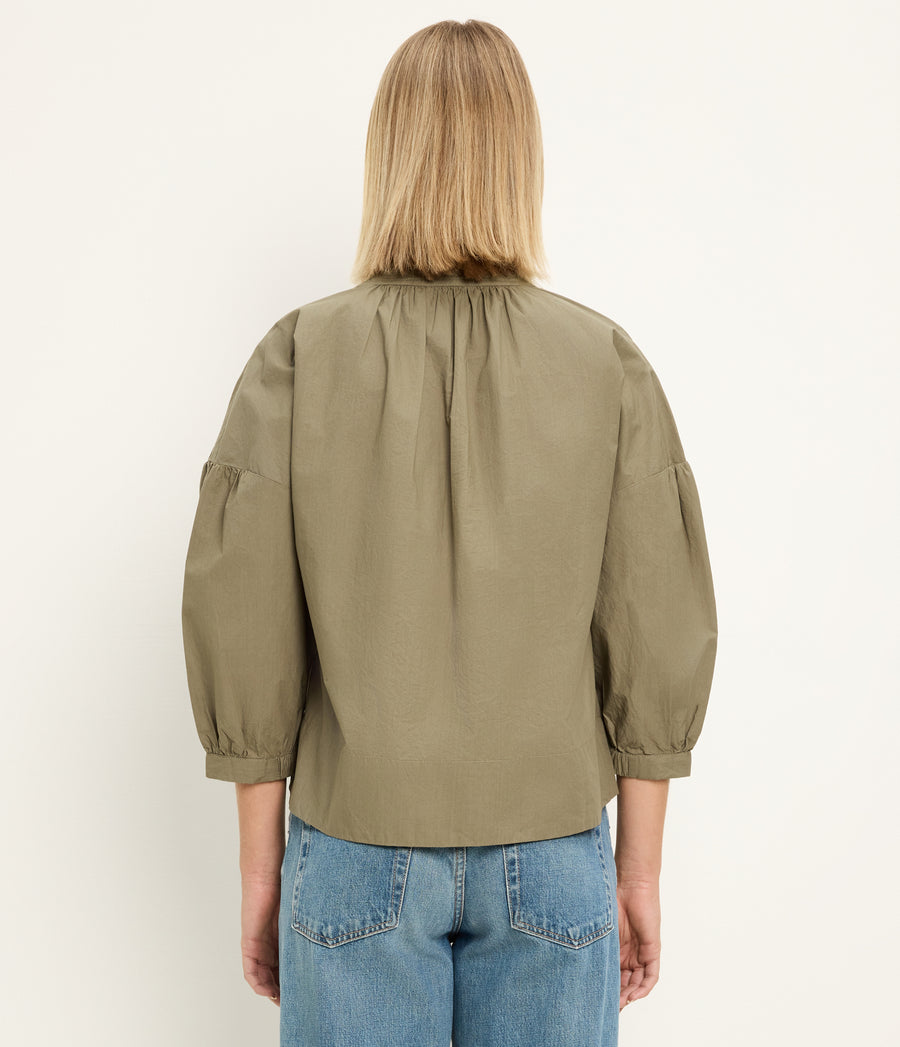 Cate 3/4 Sleeve Top in CAPER Green Back View #CAPER