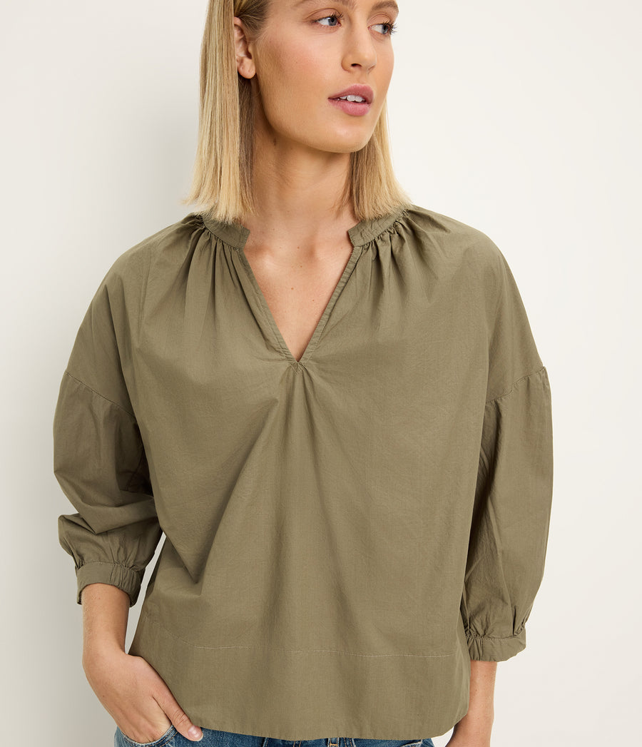 Cate 3/4 Sleeve Top in CAPER Green Close up View #CAPER