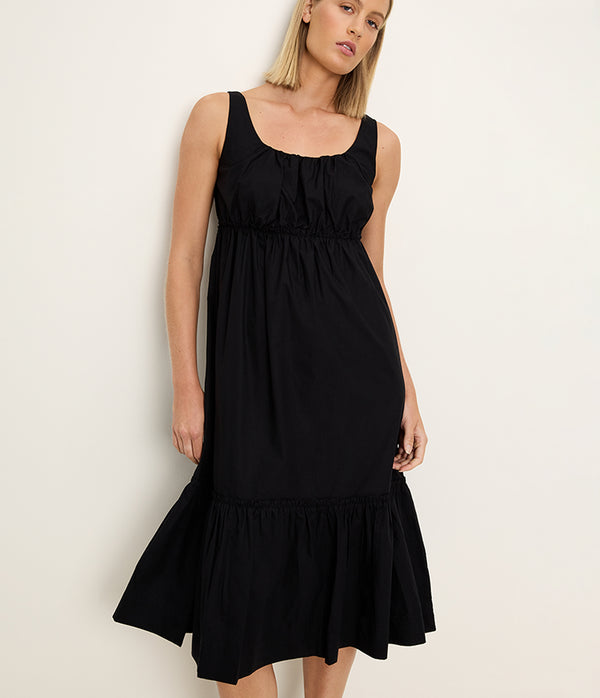 Lilith Midi Dress in Black Close up View #BLACK