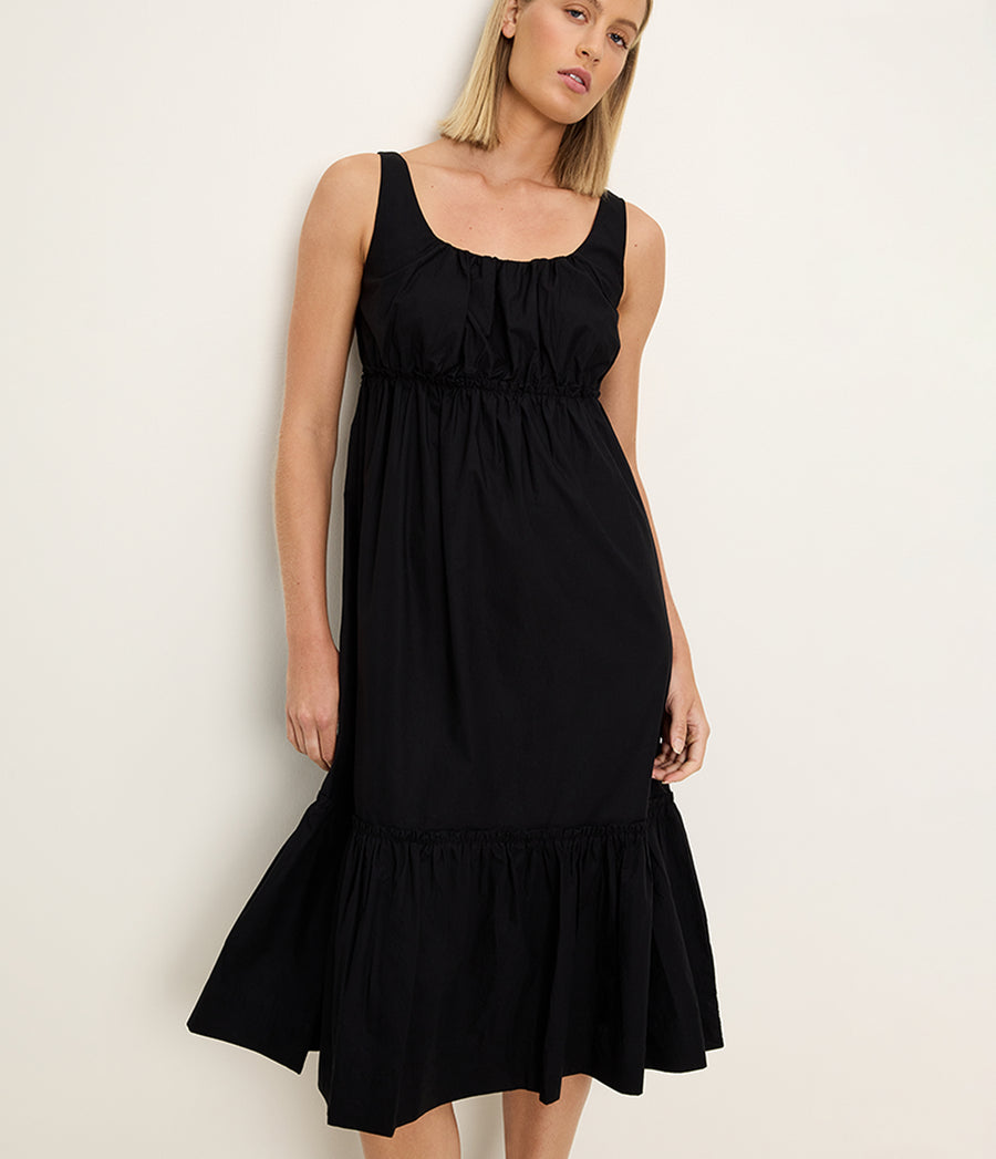 Lilith Midi Dress in Black Close up View #BLACK