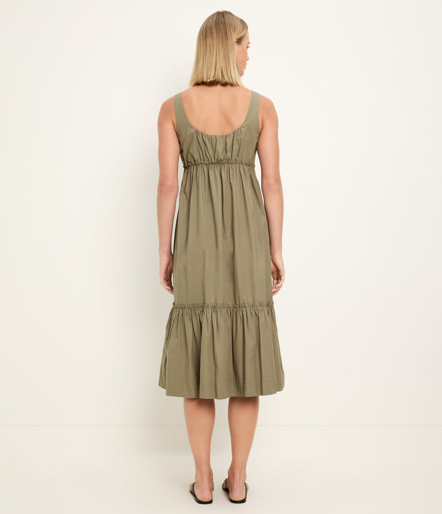 Lilith Midi Dress in CAPER Green Back View #CAPER