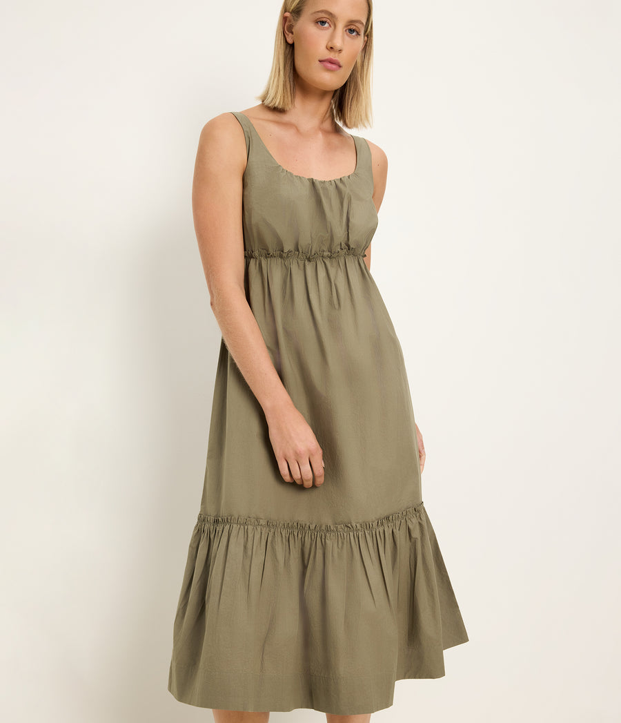 Lilith Midi Dress in CAPER Green Close up View #CAPER