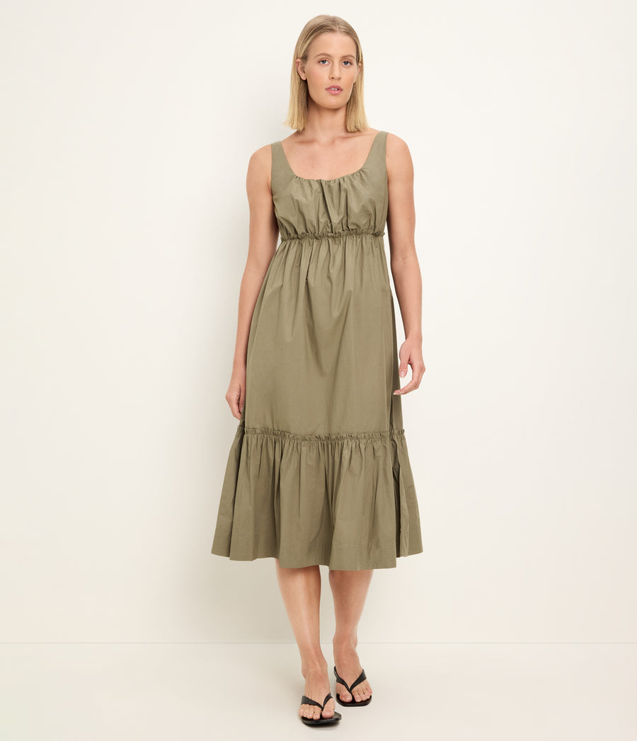 Lilith Midi Dress in CAPER Green Full Body View #CAPER