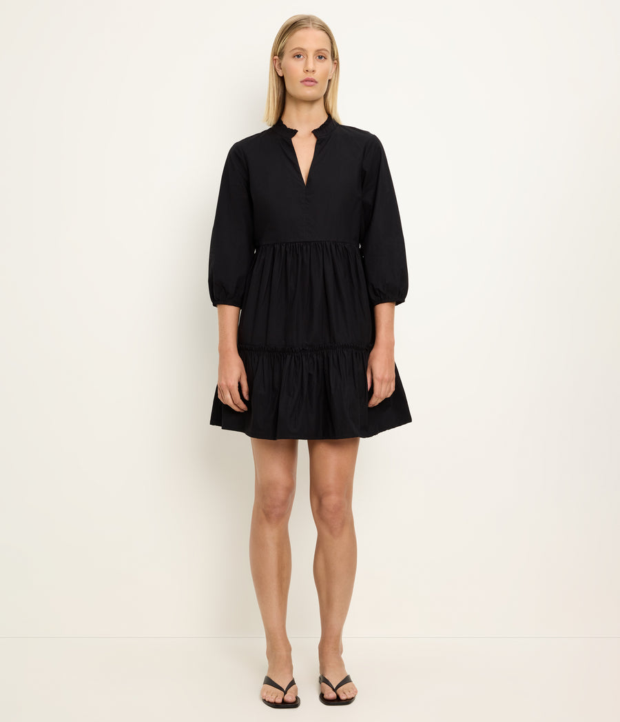 Moriah 3/4 Sleeve Tiered Dress in Black Full Body View #BLACK