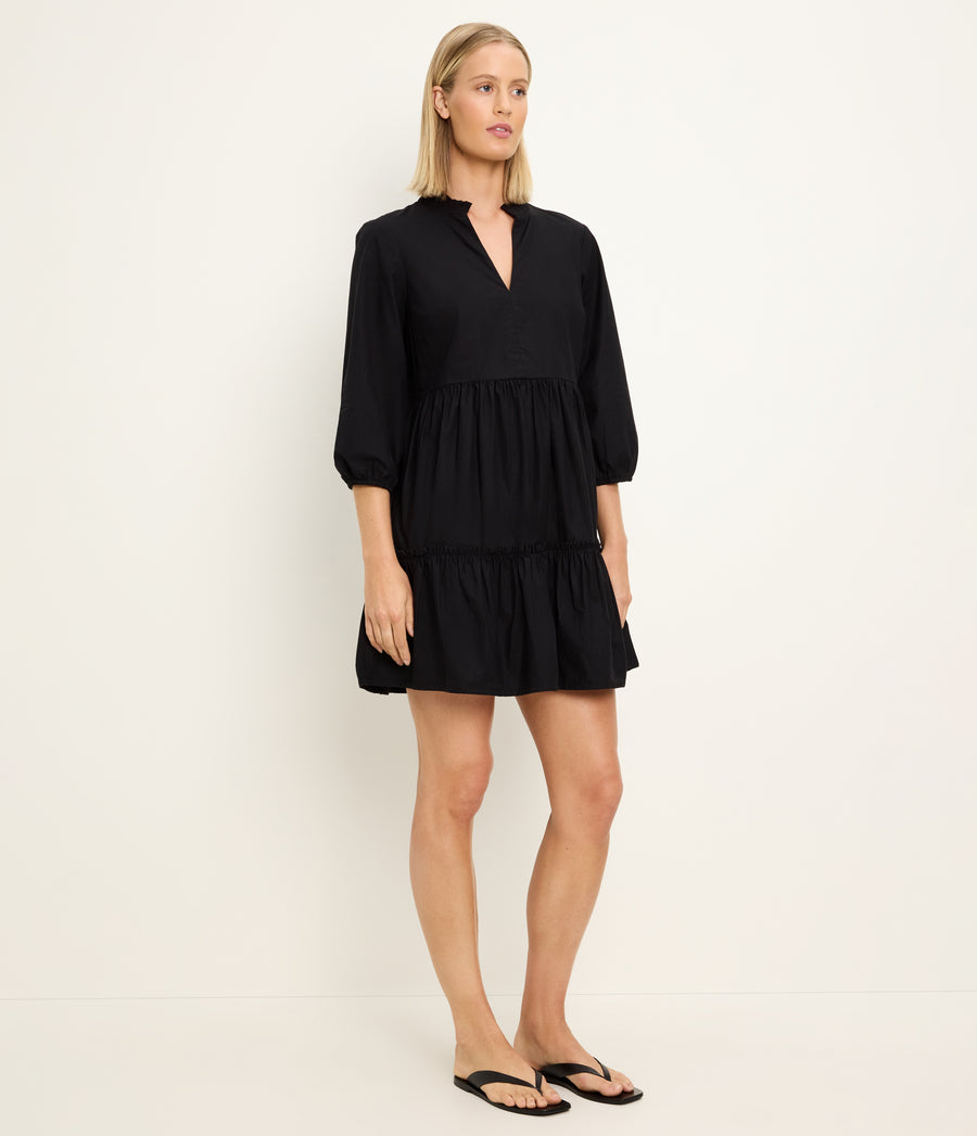 Moriah 3/4 Sleeve Tiered Dress in Black Full Body View #BLACK