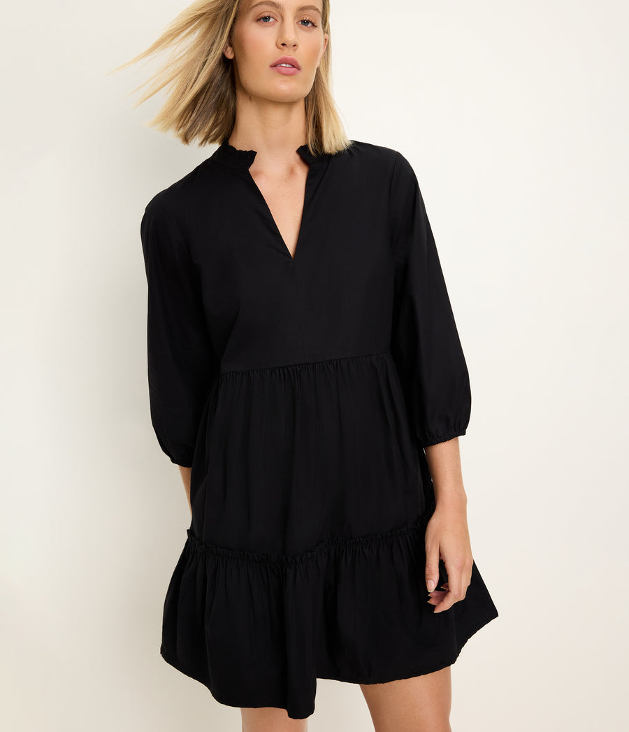 Moriah 3/4 Sleeve Tiered Dress in Black Close up View #BLACK