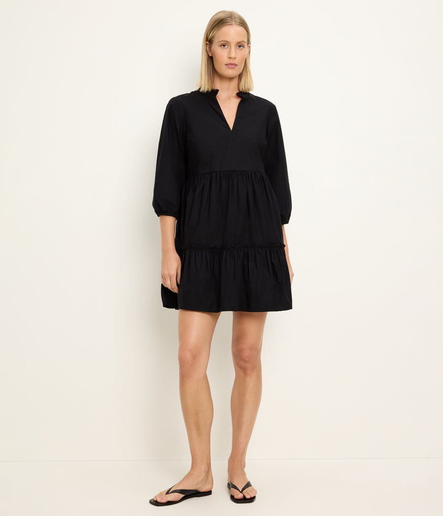 Moriah 3/4 Sleeve Tiered Dress in Black Full Body View #BLACK